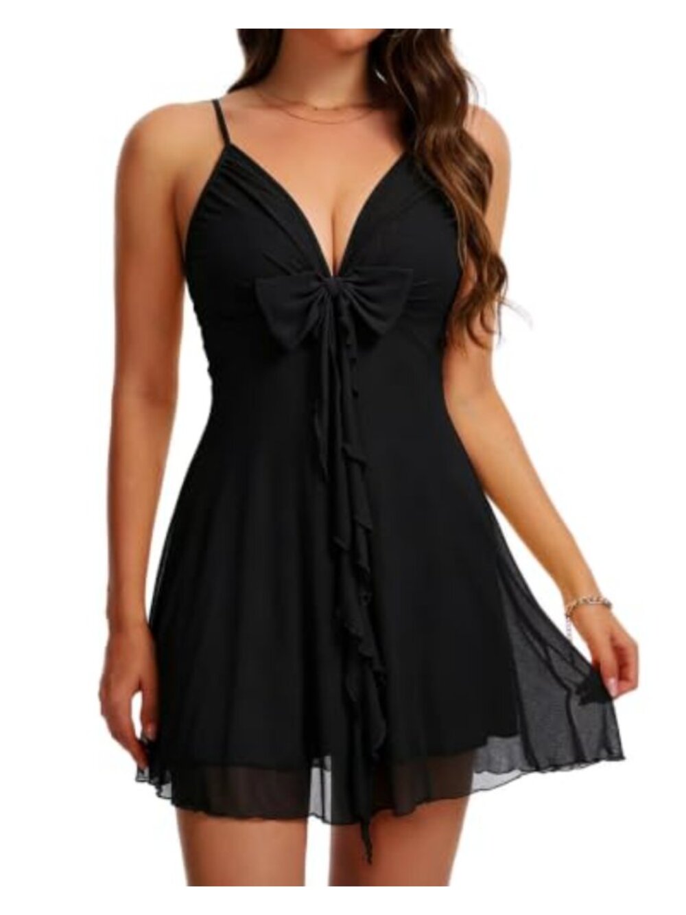 Womens Sexy V Neck Flowy Mini Dress Mesh Ruffle Party Club Summer